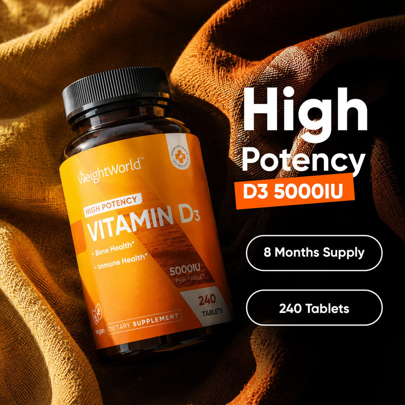 WeightWorld High Potency Vitamin D3 5000 IU (125mcg) - D3 Vitamin for Bone, Teeth, Muscle & Immune Support - 240 Easy-to-Swallow Tablets, 8-Month Supply, Vegan Plant-Based VIT D3, Non-GMO Vitamin D3 5000IU 240 Tablets
