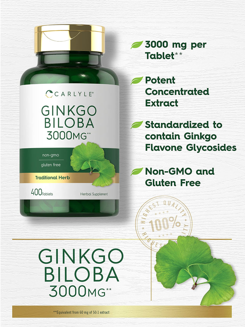 Carlyle Ginkgo Biloba 3000mg | 400 Tablets | Non-GMO, Gluten Free Supplement