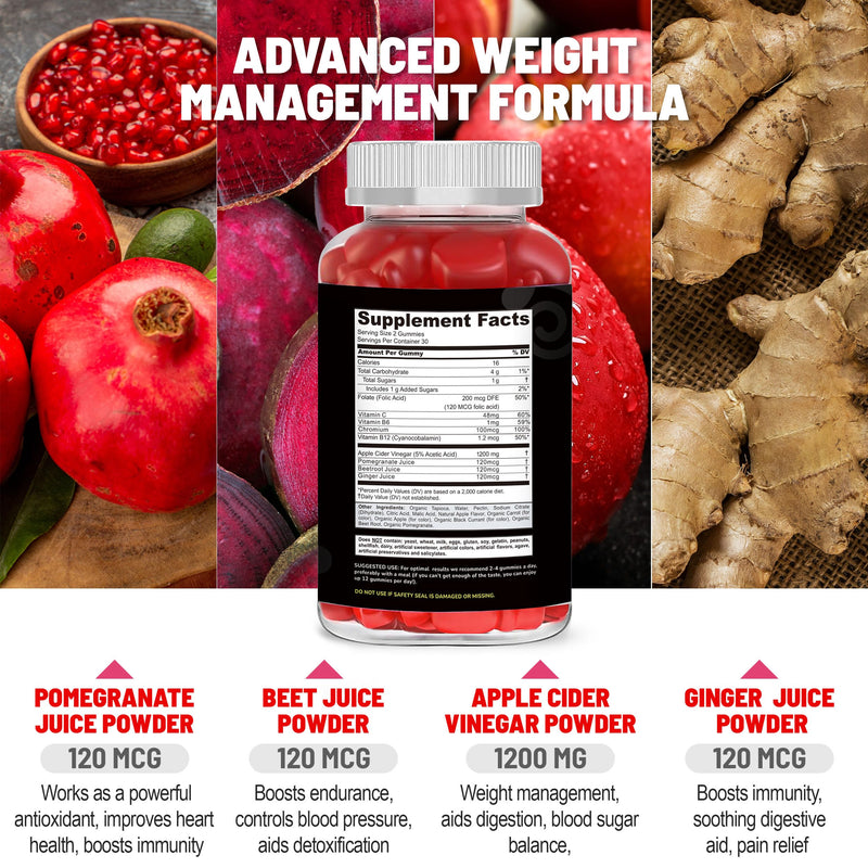 ACV Gummies –Apple Cider Vinegar Gummies with Mother 1200mg- | Digestive Health, Energy, Immune and Metabolism Support | - with Vitamin C, B12, B6 & Beetroot & Pomegranate Vegan 60 Count (1) 1