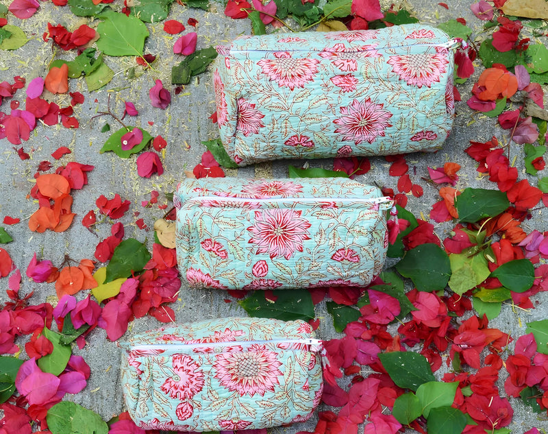 INDACORIFY Indian Cotton Floral Block Print Toiletry Travel & Make up Pouch Set of 3 Pieces Quilted Bags Shaving Kit
