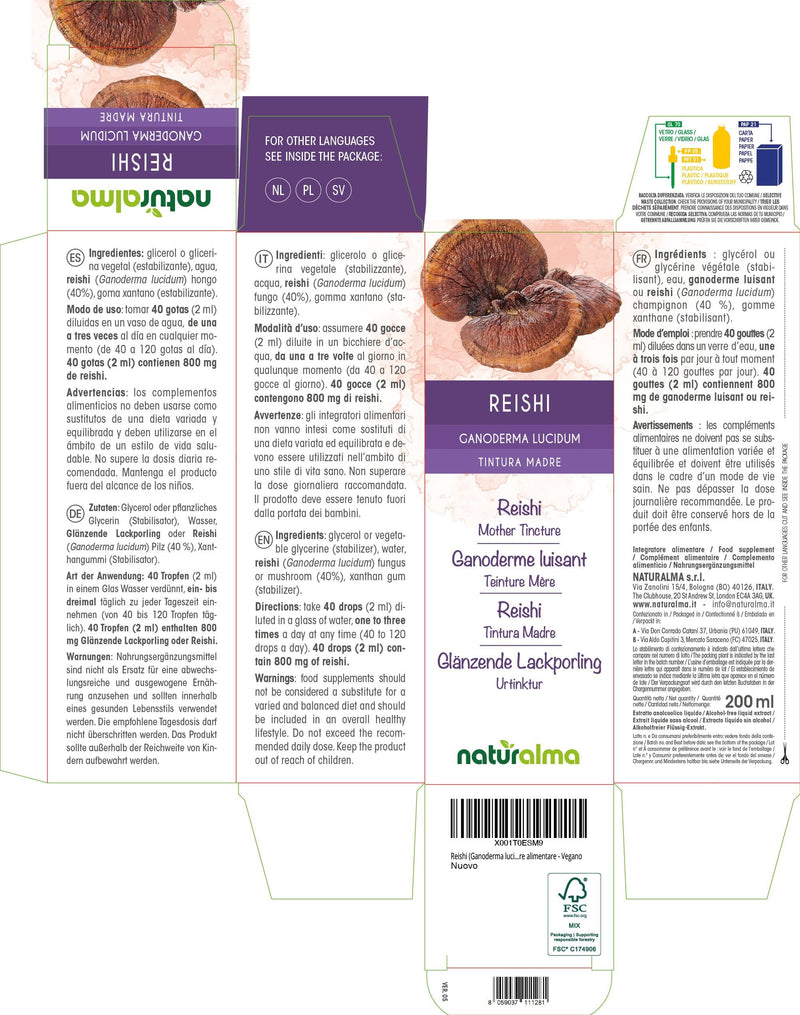 Reishi (Ganoderma lucidum) Fungus or Mushroom Alcohol-Free Mother Tincture Naturalma - Liquid Extract Drops 200 ml - Food Supplement - Vegan 200 ml (Pack of 1)