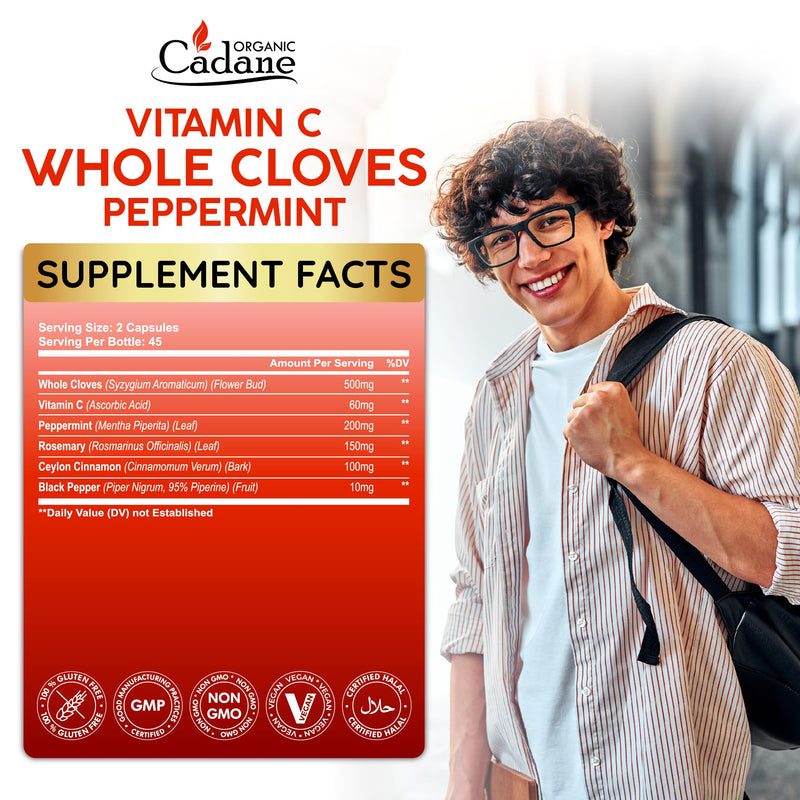 Cadane 6in1 Whole Cloves Herbal Supplement | Syzygium Aromaticum, Cinnamon, Peppermint, Rosemary, Black Pepper & Vitamin C | Non-GMO, Vegan – 90 Capsules – 45-Day Supply