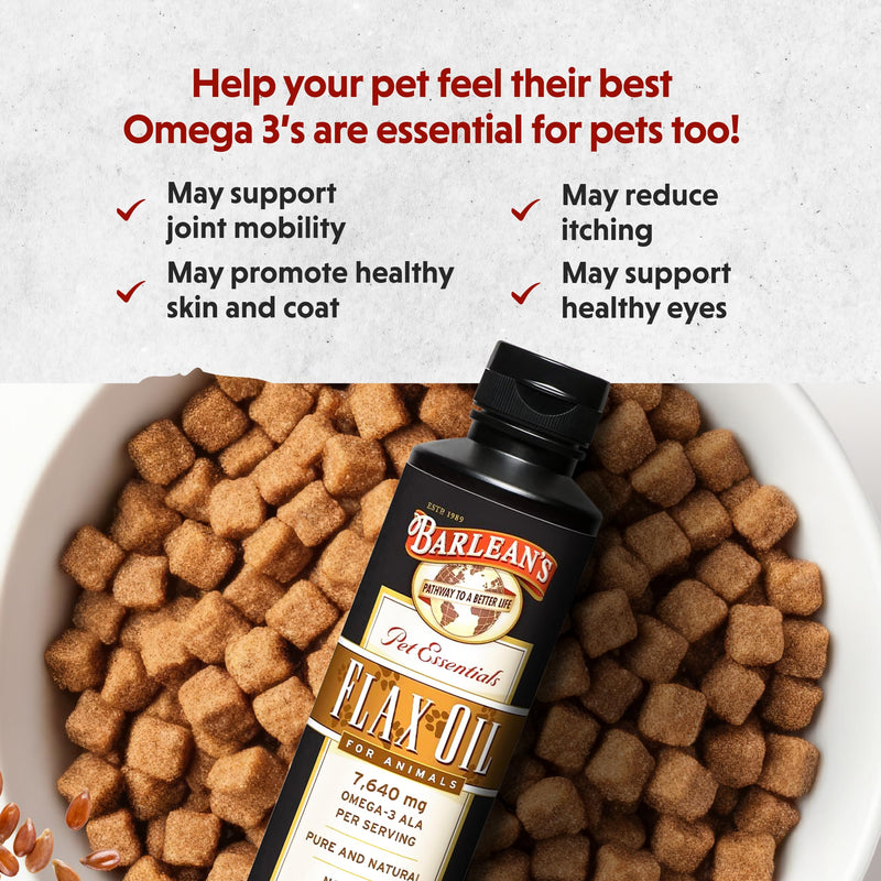[Australia] - Barlean's Flaxseed Oil for Animals, Pet Essential Liquid Omega 3 Fatty Acids Cat and Dog Oil Supplements for Skin and Coat, Omega 3 for Dogs, Cats and Other Pets, 12 oz 