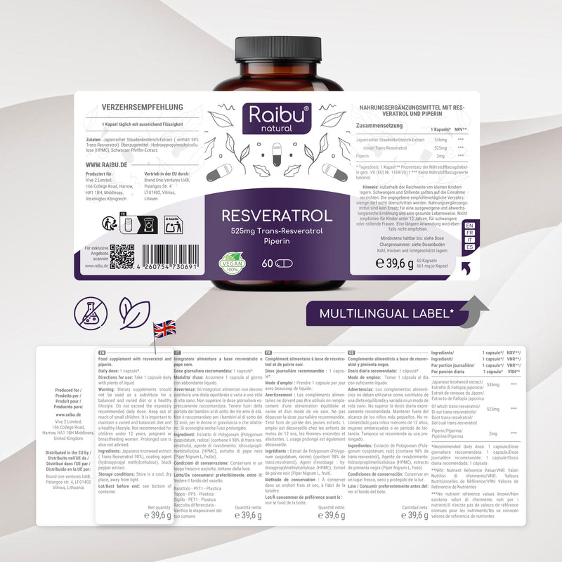 Resveratrol Supplement - 525 mg Pure Trans Resveratrol, 1 Capsule a Day - 140:1 Extract from Japonese Knotweed - Highly Bioavailable & Enhanced Absorption - Antioxidant Support, 60 Servings - Non-GMO
