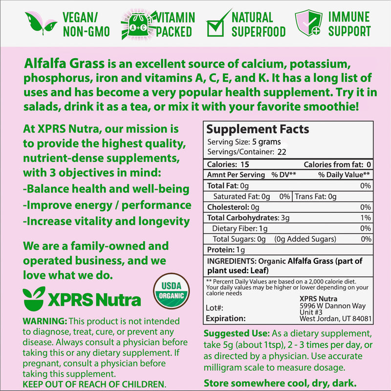 [Australia] - XPRS Nutra Organic Alfalfa Powder - Premium Vegan Alfalfa Supplement Rich in Calcium, Antioxidants, Vitamins - Farmer Alfalfa Supplement for Kids and Adults - Vegan Friendly Alfalfa Leaf (4 Ounce) 4 Ounce (Pack of 1) 