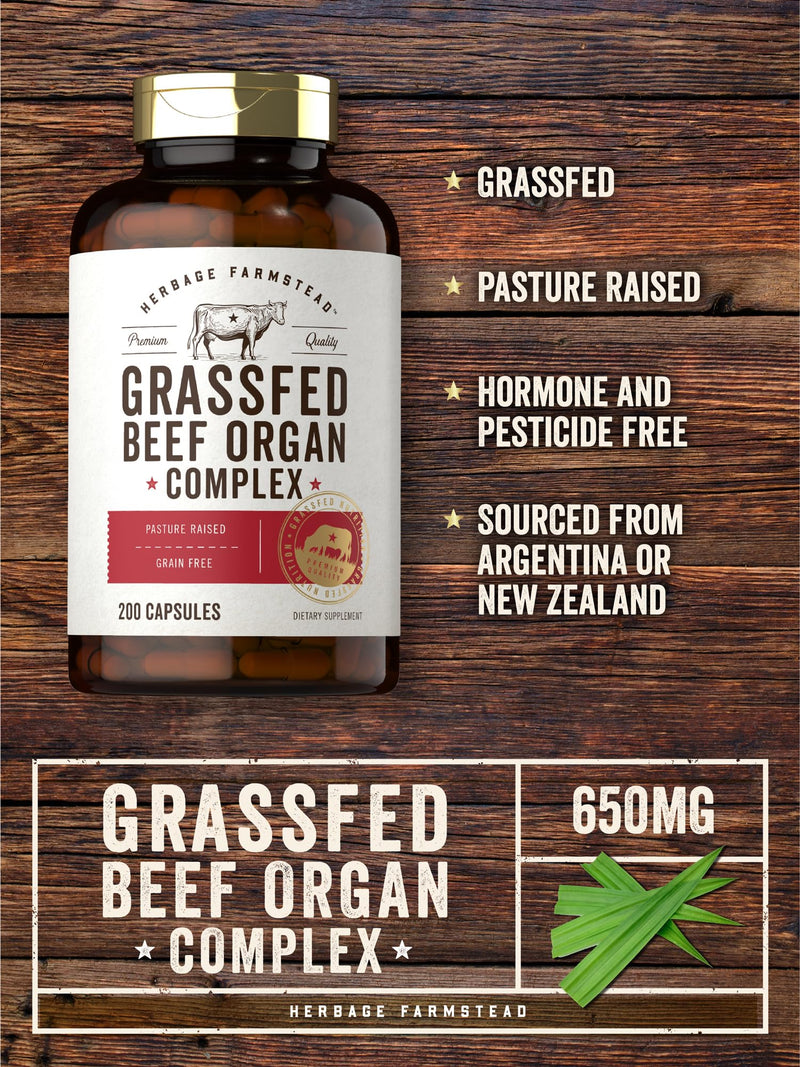 [Australia] - Carlyle Grass Fed Beef Organ Complex | 200 Capsules | Pasture Raised, Grain Free Supplement | with Desiccated Liver, Kidney, Pancreas, Heart, Spleen | Non-GMO, Gluten Free | by Herbage Farmstead 