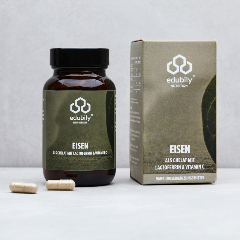 [Australia] - edubily nutrition® iron with lactoferrin. High-dose iron tablets with lactoferrin & vitamin C from acerola extract. 90 easy-to-swallow capsules in an amber glass. 