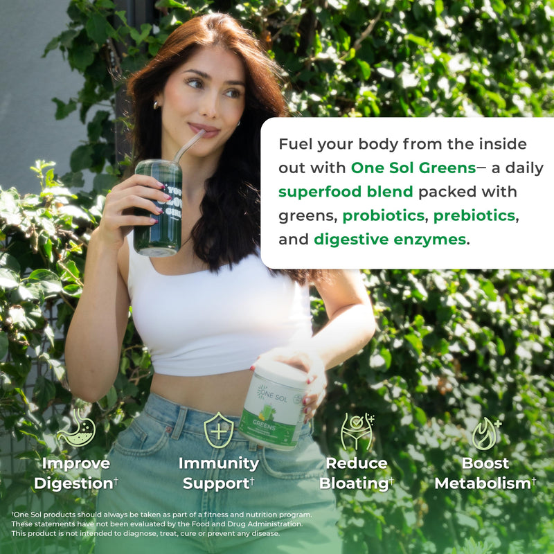 One Sol Super Greens Powder for Gut Health with Prebiotics & Probiotics | Organic greens and superfood blend with digestive enzymes for digestion and gut health support; vegan and soy-free.