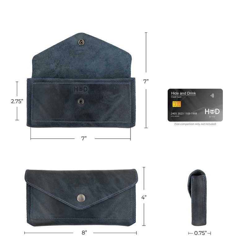 Hide & Drink, Full Grain Leather Large Female Wallet, Travel Organizer for Women, Vintage Money and Card Holder, Handmade, Slate Blue
