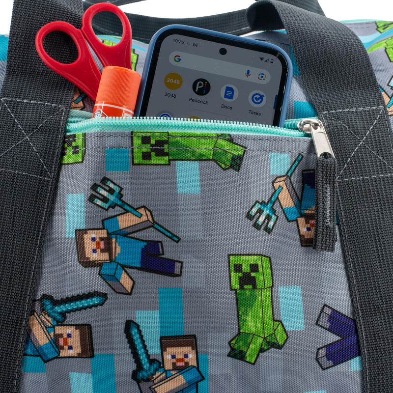 Minecraft Duffle Bag, 16 inch Travel Sleepover Weekender Bag for Girls & Boys, Green/Gray Grey