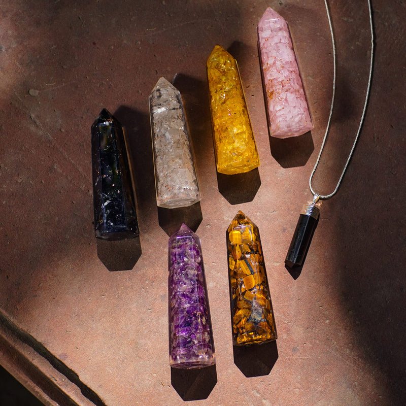 [Australia] - Healing Crystal Wand Set of 6 Orgonite – Includes 3” Amethyst Crystal, Tigers Eye, Rose Quartz, Black Tourmaline Stone, Citrine and Clear Quartz Orgone Crystal Plus Black Tourmaline Necklace 