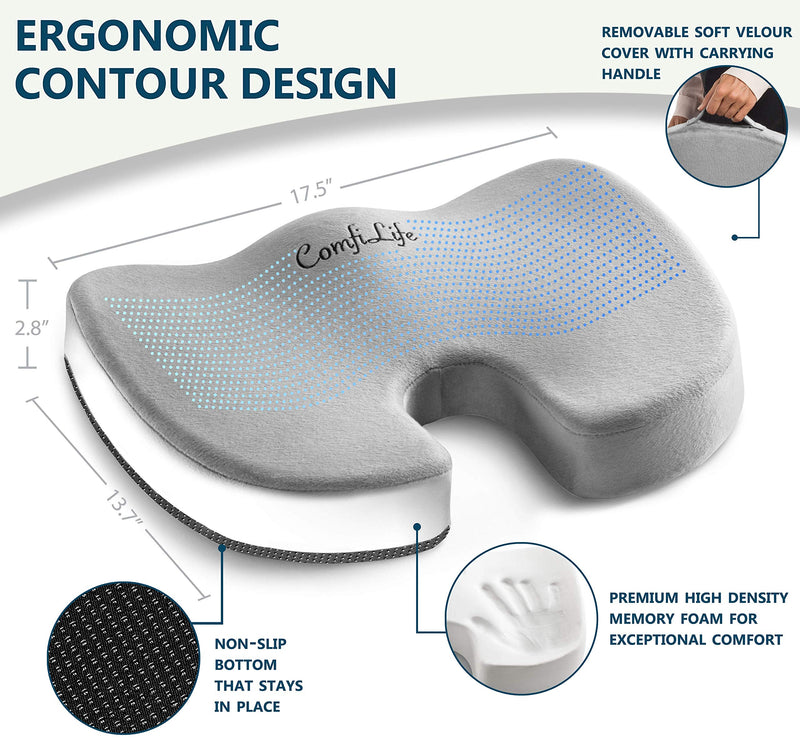 [Australia] - ComfiLife Premium Comfort Seat Cushion - Non-Slip Orthopedic 100% Memory Foam Coccyx Cushion for Tailbone Pain - Cushion for Office Chair Car Seat - Back Pain & Sciatica Relief (Gray) Gray 