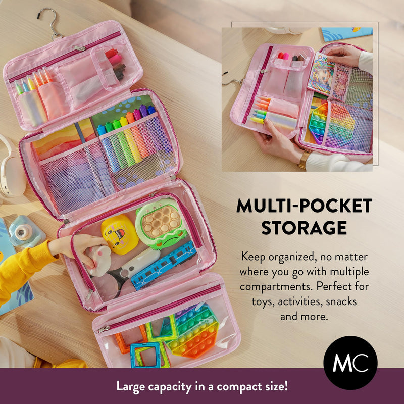 Kids Travel Organizer – Multi-Compartment, Water-Resistant Hanging Bag for Toys, Snacks, & Activities - Compact, Lightweight Design with Hook & Carry Handle - Perfect for Travel Use (Pink, Large) Pink