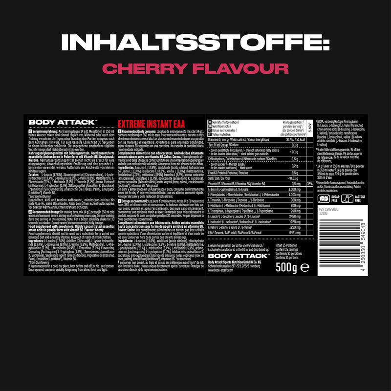 [Australia] - Body Attack Extreme Instant EAA Powder - Cherry, 500 g - Made in Germany - 8 essential amino acids for a protein-rich diet & muscle building training Cherry 500 g (pack of 1) 