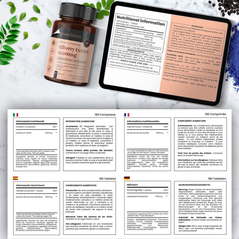 [Australia] - Blueberry Extract 10,000 mg x 180 Tablets - 10X more anthocyanidins per tablet than most competitive products - plus 5 mg Piperine (Black Pepper Extract) for 300% better absorption 180 Count (Pack of 1) 