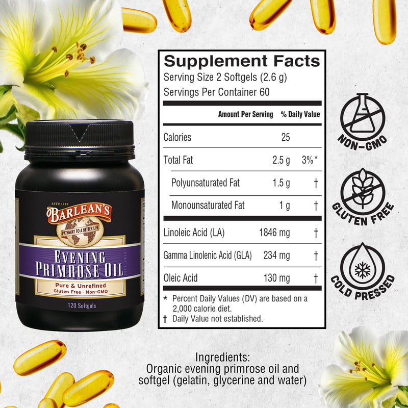 [Australia] - Barlean's Evening Primrose Oil Capsules, GLA Supplement for Men and Women, Healthy Skin, Immune Support and Bone Strength 1300mg Softgels, 120 Count Evening Primrose - 120 Count 