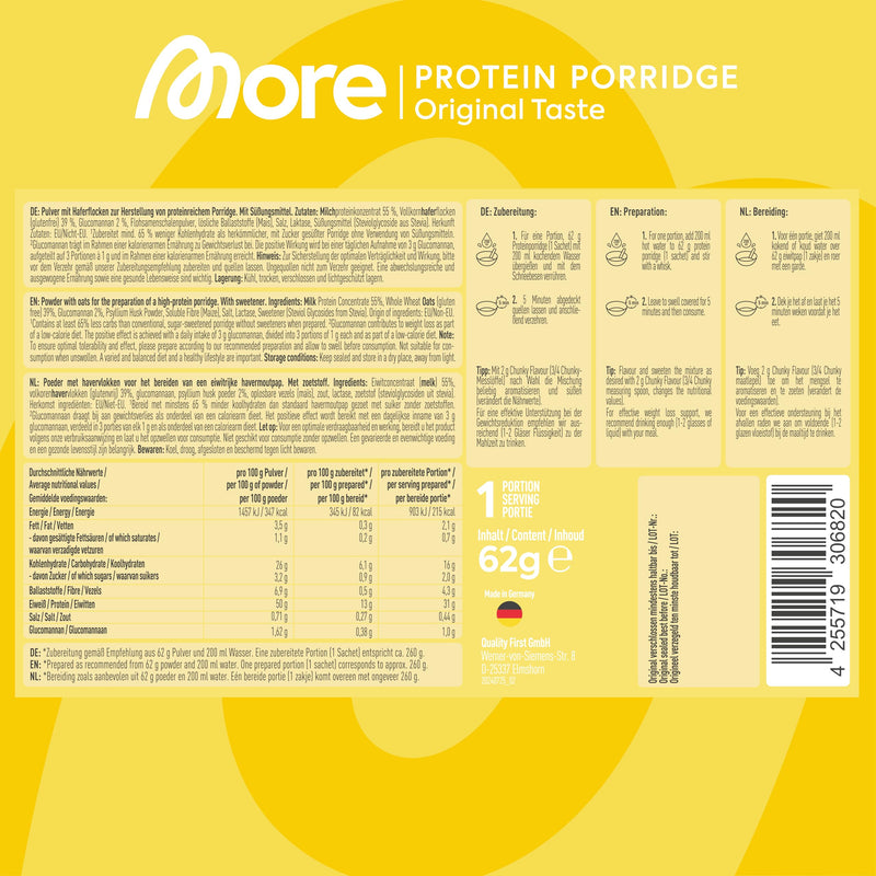 More Protein Porridge, tray of 10, 10 x 62 g Classic, 31 g protein per serving, quick preparation without cooking, creamy delicious porridge with less sugar and fat, perfect for refining