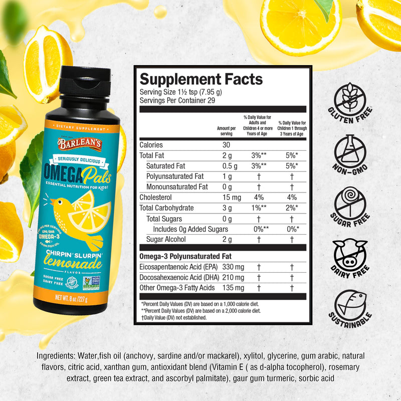 [Australia] - Barlean's Omega Pals Chirpin' Slurpin' Omega 3 for Kids, Yummy Lemonade Flavored Children's Liquid Fish Oil Supplement with 540 mg of EPA & DHA for Brain & Eye Health, 8 oz Chirpin’ Slurpin’ Lemonade 8 Ounce (Pack of 1) 