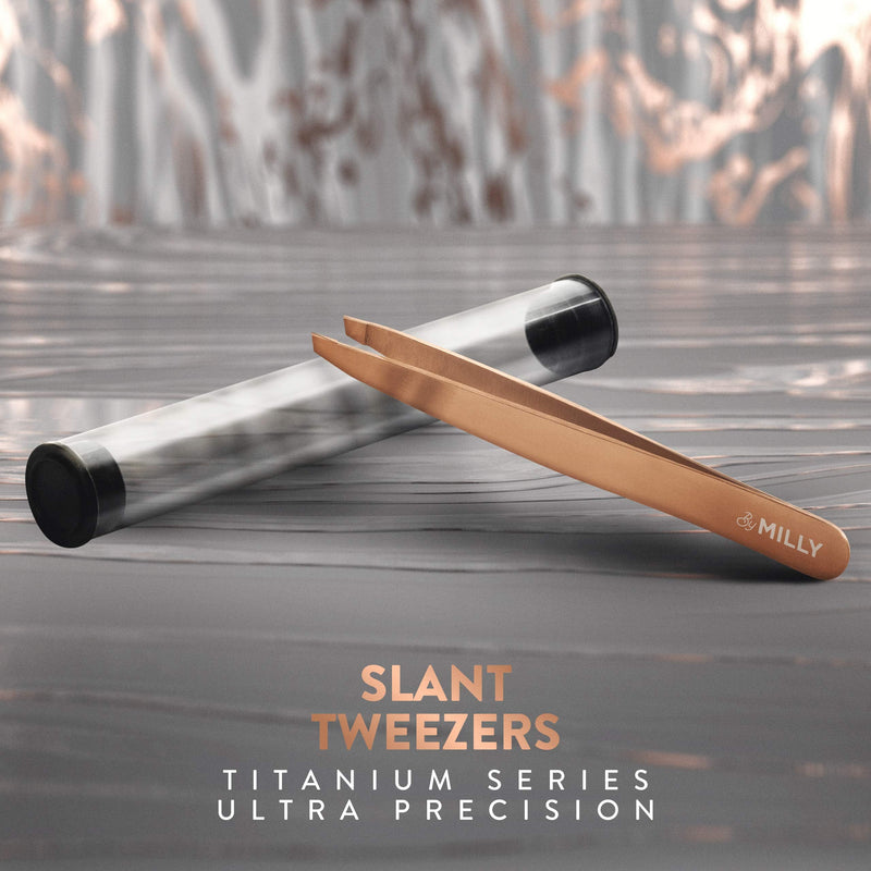 Professional Slanted Tweezers for Women and Men | High Carbon Stainless Steel Sharp Tweezer | Tweezers for Women Facial Hair Plucking, Hand-Filed & Aligned Precision Tips - Rose Gold