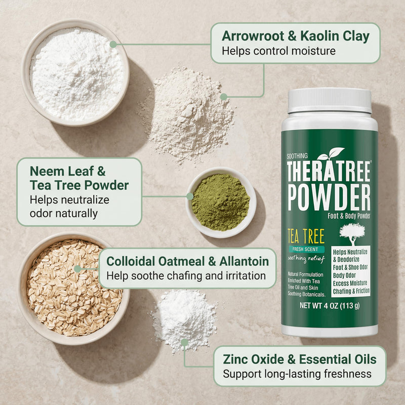 TheraTree Tea Tree Foot Powder, Odor and Sweat, Smelly Feet Deodorizer, 4oz | Oleavine Natural talc-free formula with tea tree, peppermint, and neem deodorizes smelly feet and shoes for men and women