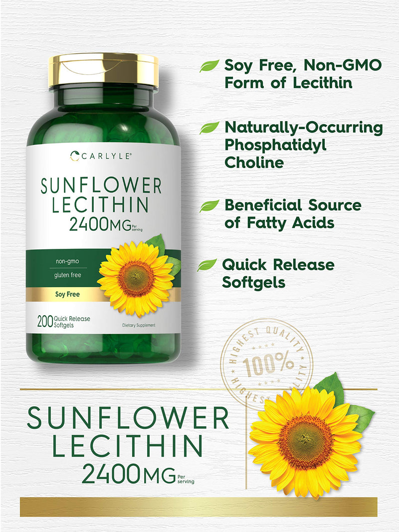 Carlyle Sunflower Lecithin Softgel Capsules | 2400mg | 200 Count | Rich in Phosphatidyl Choline | Non-GMO, Soy Free, Gluten Free Supplement