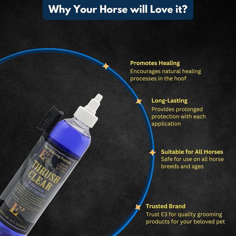 E3 Thrush Clear for Horses - 8oz - Non-Staining Quick Acting Formula. Horse Thrush Treatment. Hoof Hardener. Applicator Brush Included. - PawsPlanet Australia