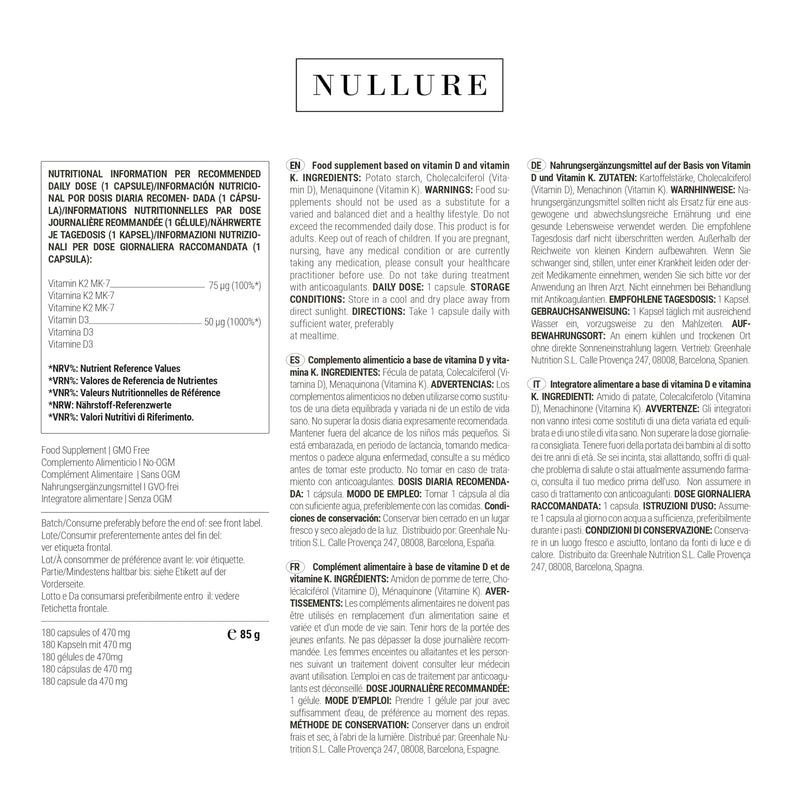 Nullure Vitamin D3 K2 (MK7) Natural | 2000 IU | Daily Balanced Formulation for Easy Assimilation I Strengthens Immune System · Cardiovascular System · Bones · Teeth · Muscles |180 Capsules (6 Months)