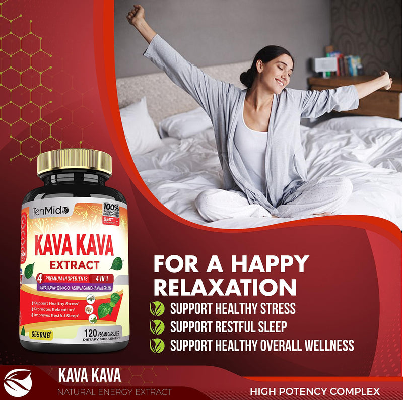 [Australia] - Kava Kava Supplement Extract Capsules 6550mg, 4 Months Supply with Ginkgo, Ashwagandha, Valerian- Relaxation Supports Supplement- 120 Vegan Capsules 
