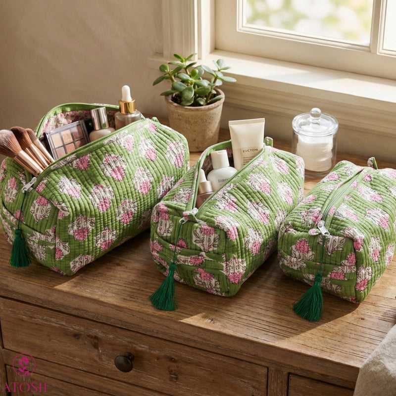 ATOSII Set of 3 100% Cotton Handblock Print Quilted Toiletry Cosmetic Makeup Travel Bag for Women, Waterproof Inner Lining, Jewelry Essentials Storage Case, Toiletries Pouch Purse, Moss Pink
