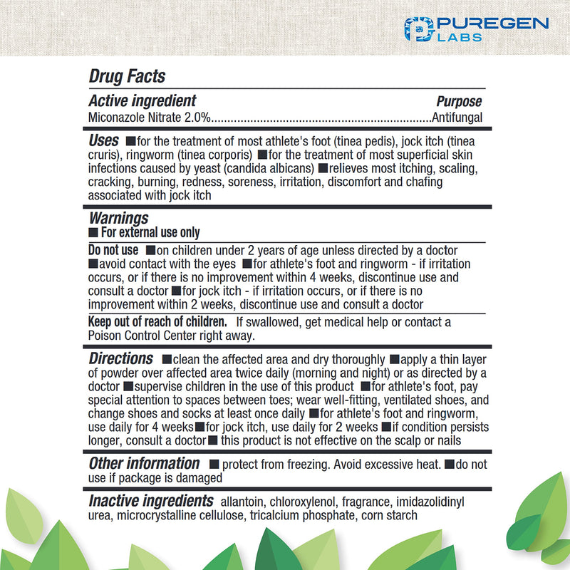 Puregen Labs Antifungal Powder with 2% Miconazole Nitrate for Common Fungal Infections Including Athlete’s Foot, Jock Itch and Ringworm, Talc Free, 3 oz (85g)