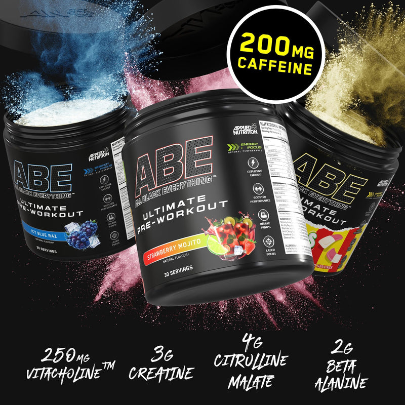Applied Nutrition Bundle ABE Pre Workout 375g + 750ml Steel Protein Shaker | All Black Everything Pre Workout Powder, Energy & Physical Performance, Creatine, Beta Alanine (ICY Blue Raz) ICY Blue Raz