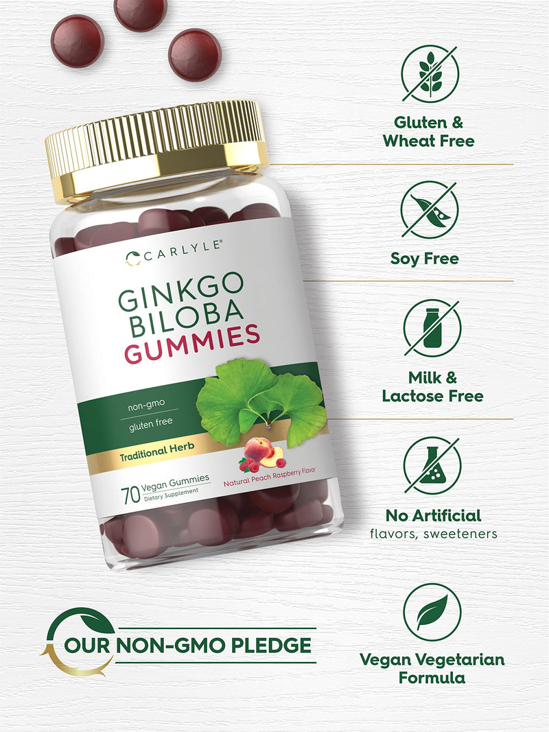 Carlyle Ginkgo Biloba 300mg | 70 Gummies | 45:1 Leaf Extract | with Peach Raspberry Flavor | Vegan, Non-GMO, Gluten Free Supplement