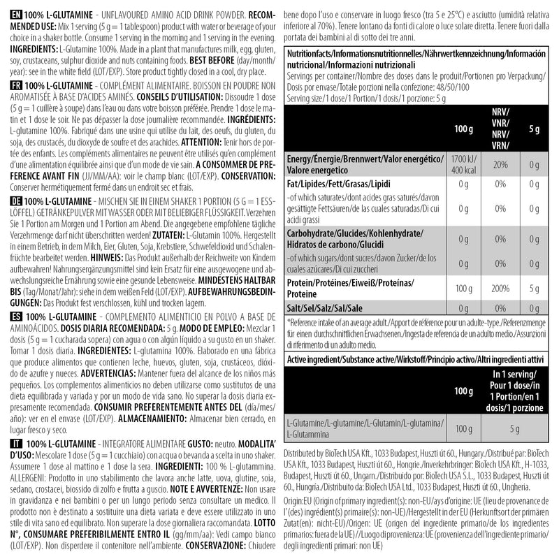 [Australia] - BioTechUSA 100% L-Glutamine | 5,000mg pure amino acids | Untasteful | Sugar free | Ideal for fitness enthusiasts and competitive athletes 240g | without taste. 