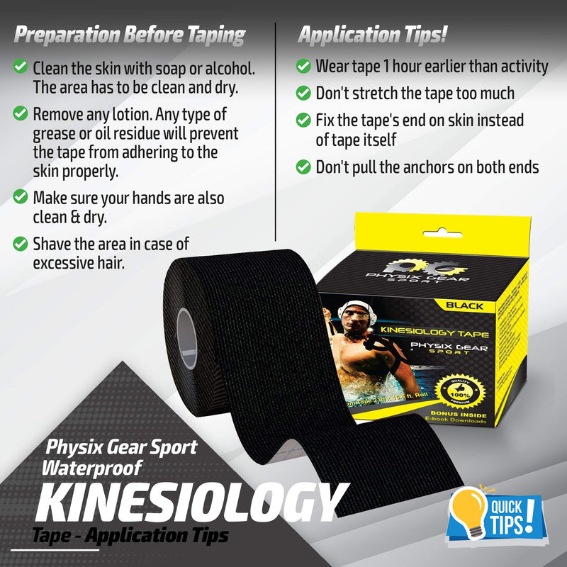 [Australia] - Physix Gear Sport Kinesiology Tape (2 Pack or 1 Pack), Best Waterproof Muscle Support Adhesive, 2in x 16.4ft Roll Uncut, Physio Therapeutic Aid for Injury Recovery Black (1 Pack + eGuide) 