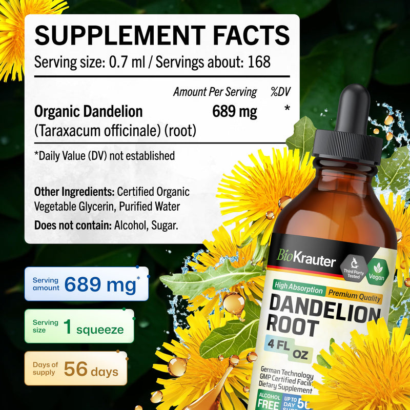 BIO KRAUTER® Dandelion Root Extract - Liquid Pure Vegan Dandelion Root Supplement 689 mg per Serving 4 Fl.Oz 56-Day Supply - Used for Liver & Kidney Support, Cleanse & Detox - Alcohol & Sugar Free 4 Fl Oz (Pack of 1)
