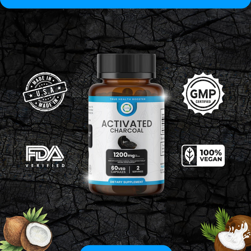[Australia] - Activated Charcoal Capsules 1200 MG, 60 Veg Caps, 30-Days Premium Detox & Digestive Support, Gas & Bloating Relief, Organic Coconut Shell Charcoal, Gut Health, USA Made. 