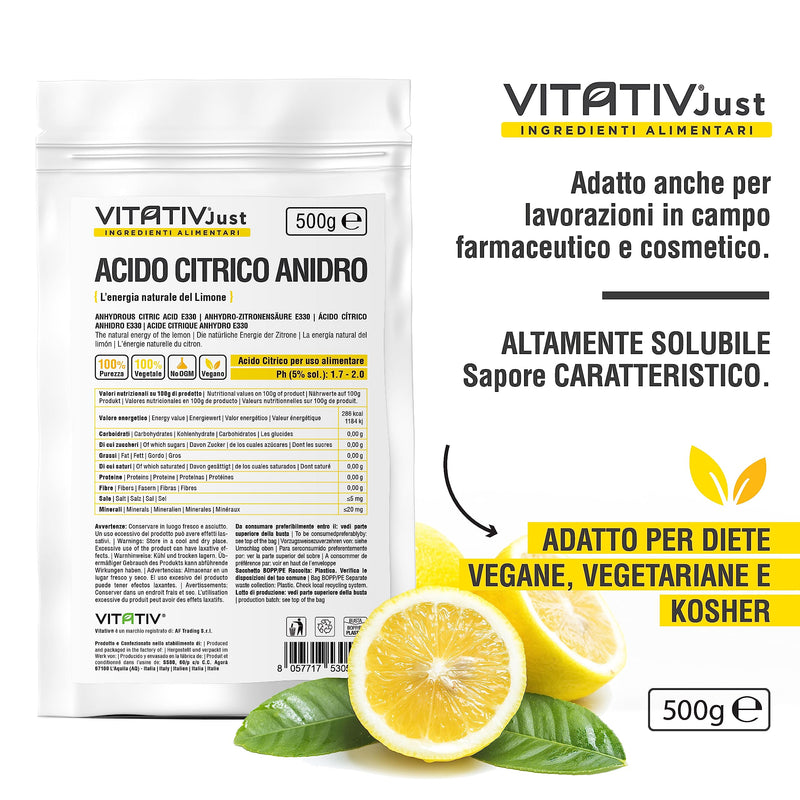 [Australia] - VITATIV - Citric acid, anhydrous, 100% pure - 500 g - food grade - preservative ideal for pastries and kitchen - acidulant in powder form for drinks and jams 