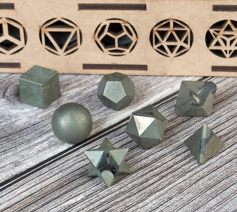 Crocon Golden Pyrite 7 Pcs Crystals Geometry Set Platonic Solids Stone | chakra Sacred Geometric Stones for Meditation Reiki Balancing Healing Chakra Stone Cleansing Spiritual Good Luck (15-20 mm) Set of 7