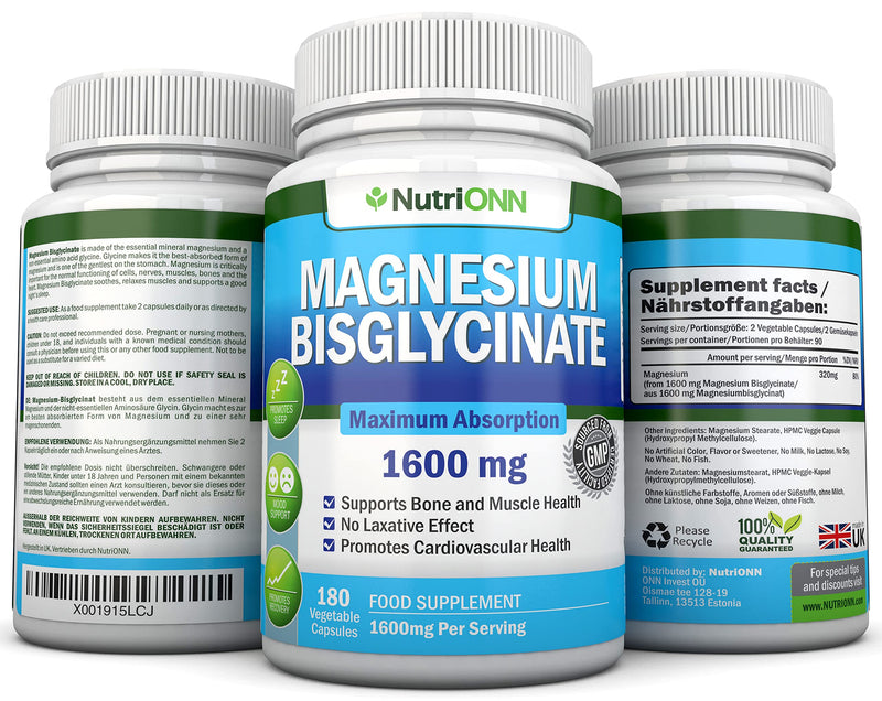 Magnesium Bisglycinate - 1600 mg - 180 Vegan Capsules - High Absorption - Chelate Vegan Supplement - High Bioavailability Pills - Great for Sleep, Anxiety, Heart Health, Muscle Cramps and Bones