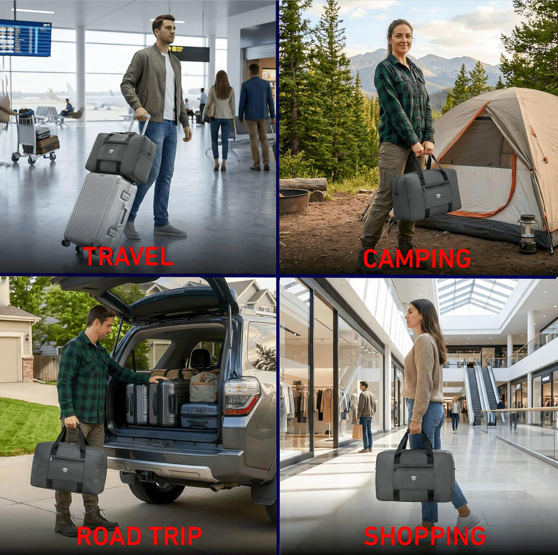 Nomad USA Travel Tote Bag for Men/Women 40L Weekender Overnight Carry on Luggage Bag Foldable/Collapsible Everyday Duffle Travel Bag for Camping, Road Trip, Shopping Handle & Shoulder Carry Gray
