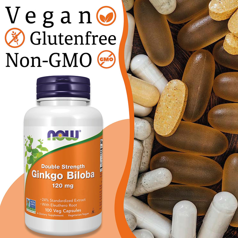 Now Foods, Double Strength Ginkgo Biloba, 120mg, 100 Vegan Capsules, Lab-Tested, SOYA Free, Gluten Free, Vegetarian, Non-GMO