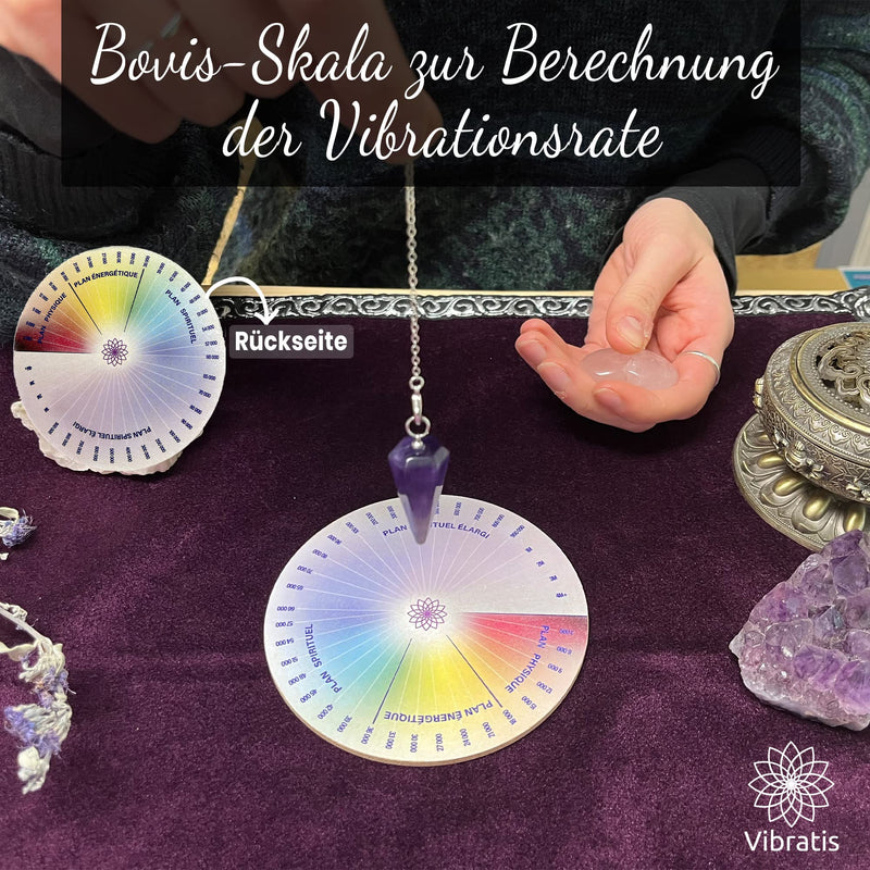 [Australia] - Vibratis fortune telling pendulum made of amethyst + flower of life made of wood for charging stones and pendulums & Bovis scale - 11.5 cm | 100% made in France 