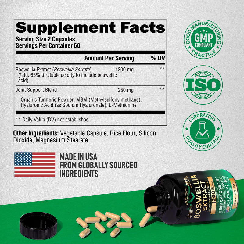 [Australia] - Boswellia 1200mg - Boswellia Extract | Turmeric | Hyaluronic Acid | MSM | Same - Joint Health & Comfort - Boswellia Serrata | 65% Boswellic Acid - for Men & Women - Made in USA - 120 Capsules 120 Count (Pack of 1) 