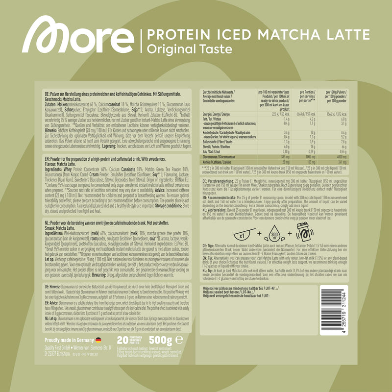 More Protein Iced Matcha Latte, 500 g, 1.1 lbs, 20 Servings, Matcha Powder with whey Protein, Low in Sugar and Fat – Made in Germany 500 g (Package of 1)