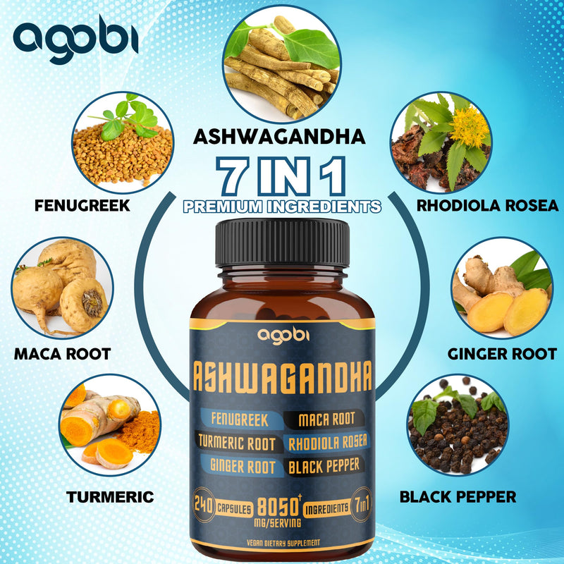 [Australia] - 240 Capsules - 8 Month Supply - 7in1 Ashwagandha 8050mg - Combined with Fenugreek, Maca, Turmeric, Rhodiola, Ginger, and Black Pepper - Mood, Strength, Spirit and Energy Support Supplement 