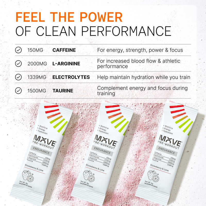 MOVE Pre Workout Powder - Hydration & Endurance Formula for Men & Women - Preworkout Sachets Electrolytes Powder with Caffeine & L-Arginine Informed Sport Certified 30 Servings Strawberry & Lime
