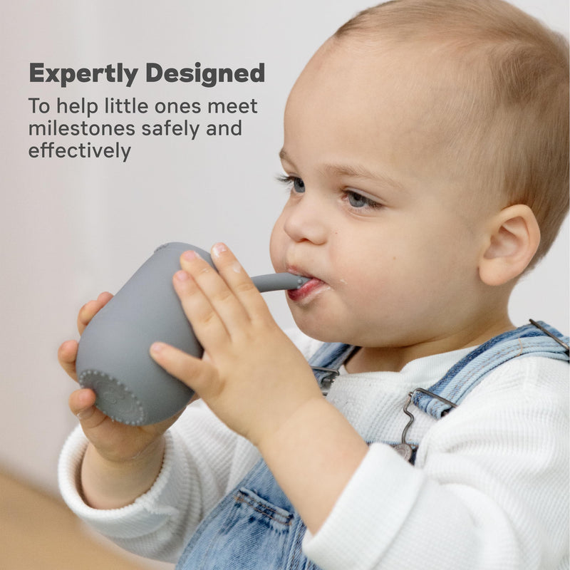 [Australia] - ezpz Mini Cup + Straw Training System - 9 Months+ (Gray) - 100% Silicone Training Cup for Infants + Toddlers - Designed by a Pediatric Feeding Specialist Gray 12 Months+ 