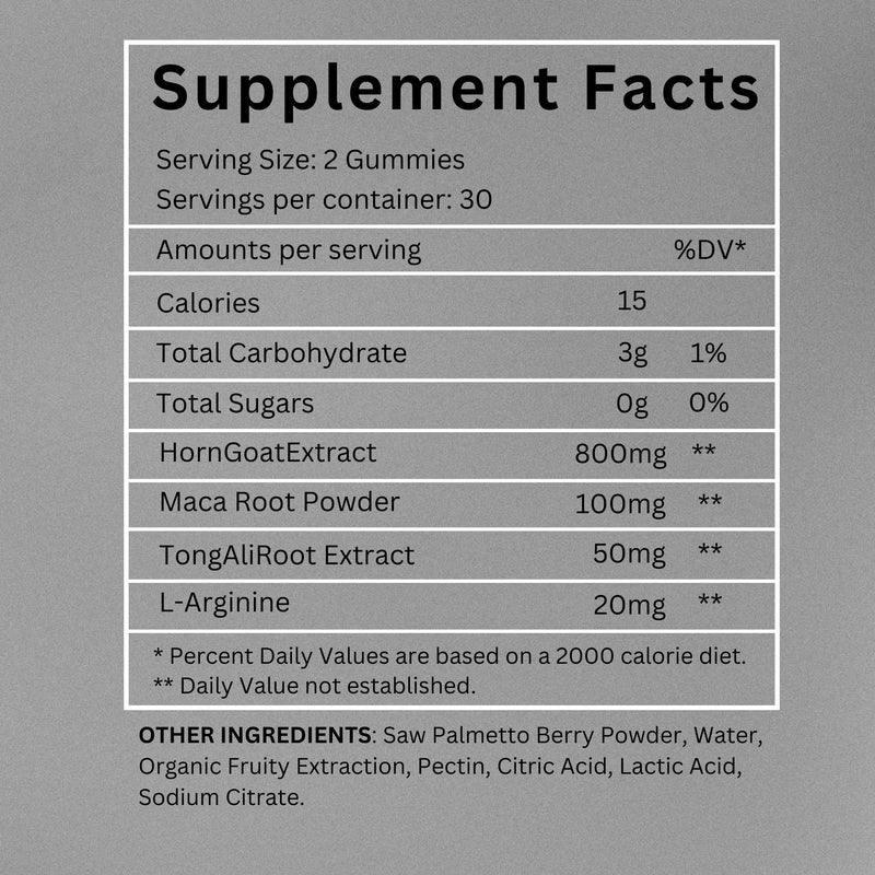 HornGoatPro Gummies - 60 Gummies Blueberry Flavour - with Added TongAliExtract, Maca Root, L-Arginine for Maximum Effect - Vegan, Non GMO, Gluten Free and Low Sugar - for Vitality