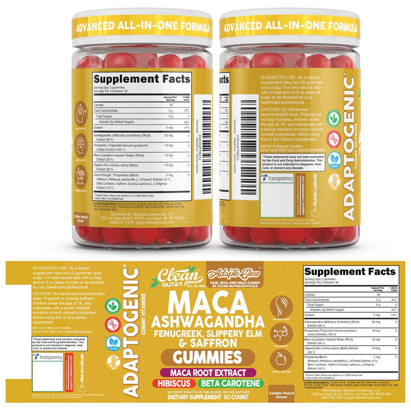 Clean Nutra Maca Root Gummies Ashwagandha Fenugreek Slippery Elm Saffron Hibiscus Beta Carotene Vitamin A for Women Macaroot Extract 60 Gummies Vegan Adaptogen Supplement Gummy Non GMO
