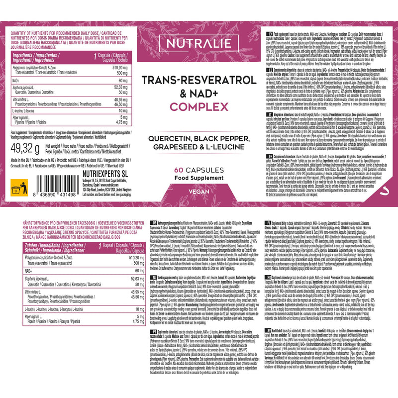 Trans Resveratrol NAD+ 686mg Complex - Quercetin Piperin Grapeseed and L-Leucine - 60 Capsules Nutralie